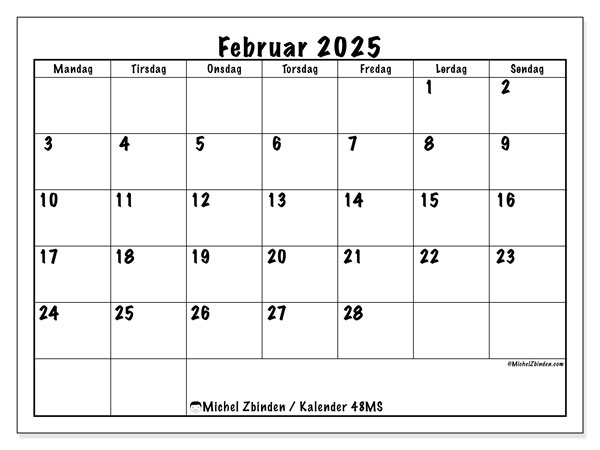 Kalender februar 2025 “48”. Gratis plan til print.. Mandag til søndag