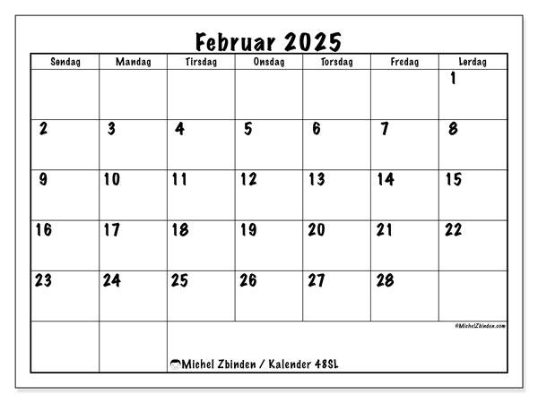 Kalender februar 2025, 48SL. Gratis program til print.