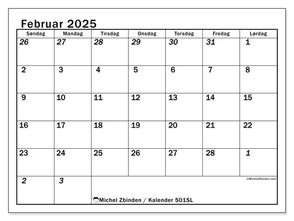 Kalender februar 2025 “501”. Gratis kalender til print.. Søndag til lørdag