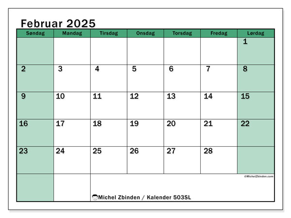 Kalender februar 2025 “503”. Gratis kalender til print.. Søndag til lørdag