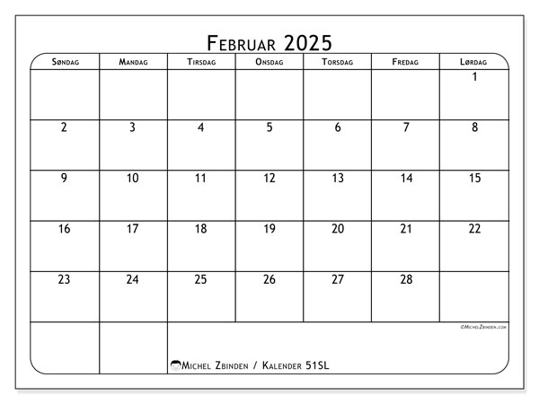 Kalender februar 2025 “51”. Gratis kalender til print.. Søndag til lørdag