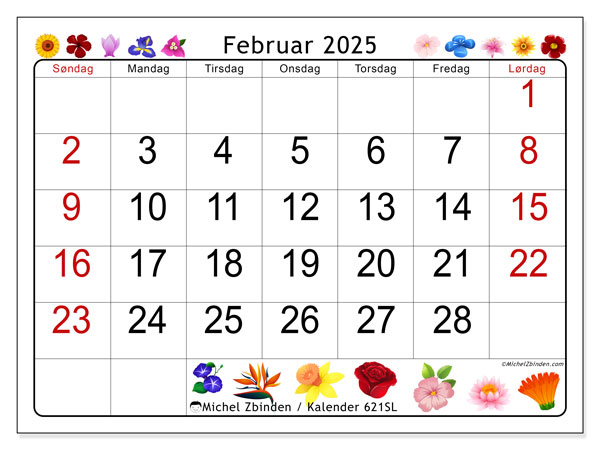 Kalender februar 2025 “621”. Gratis kalender til print.. Søndag til lørdag