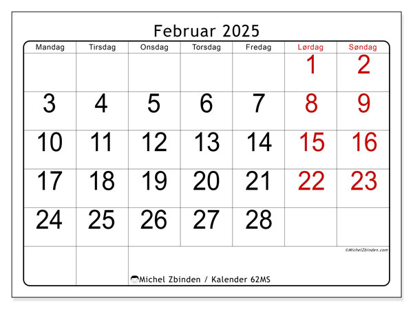 Kalender februar 2025 “62”. Gratis kalender til print.. Mandag til søndag