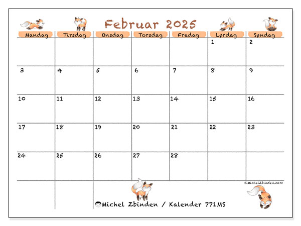Kalender februar 2025 “771”. Gratis plan til print.. Mandag til søndag