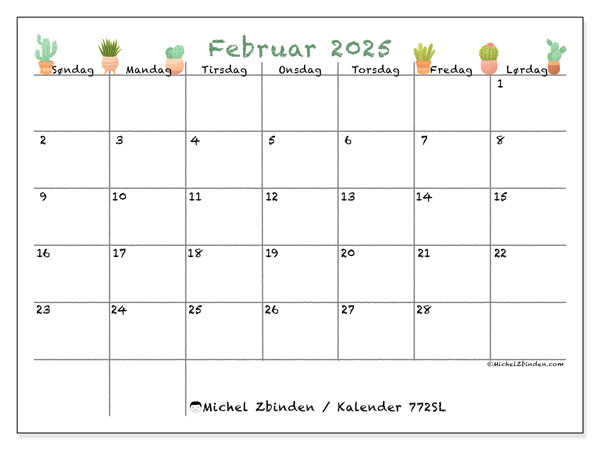 Kalender februar 2025 “772”. Gratis kalender til print.. Søndag til lørdag