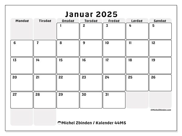 Kalender januar 2025 “44”. Gratis kalender til print.. Mandag til søndag
