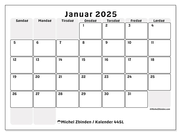 Kalender januar 2025 “44”. Gratis kalender til print.. Søndag til lørdag