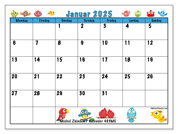Kalender januar 2025 “483”. Gratis program til print.. Mandag til søndag