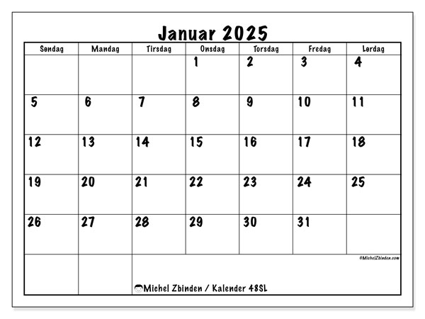 Kalender januar 2025 “48”. Gratis kalender til print.. Søndag til lørdag