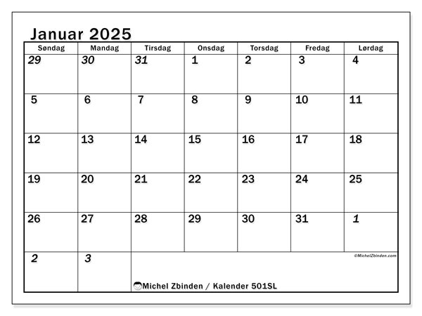 Kalender januar 2025 “501”. Gratis program til print.. Søndag til lørdag