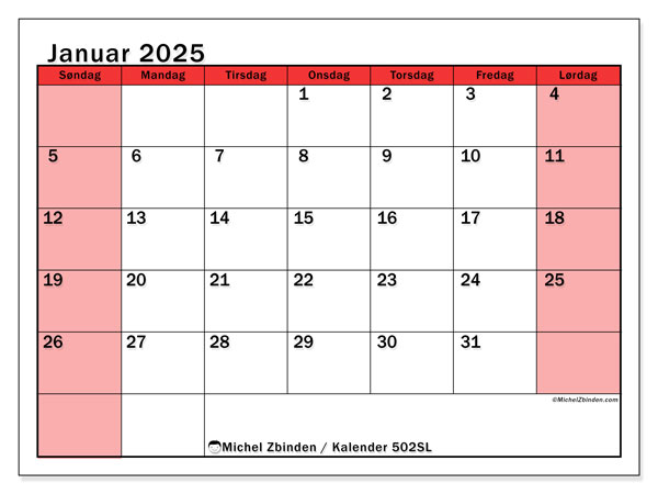 Kalender januar 2025 “502”. Gratis plan til print.. Søndag til lørdag