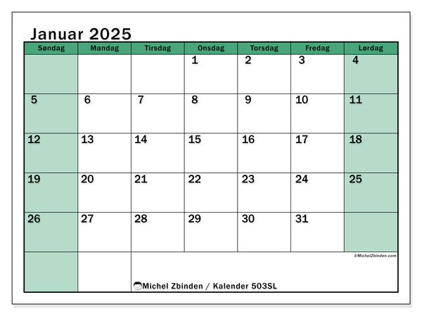 Kalender januar 2025 “503”. Gratis plan til print.. Søndag til lørdag