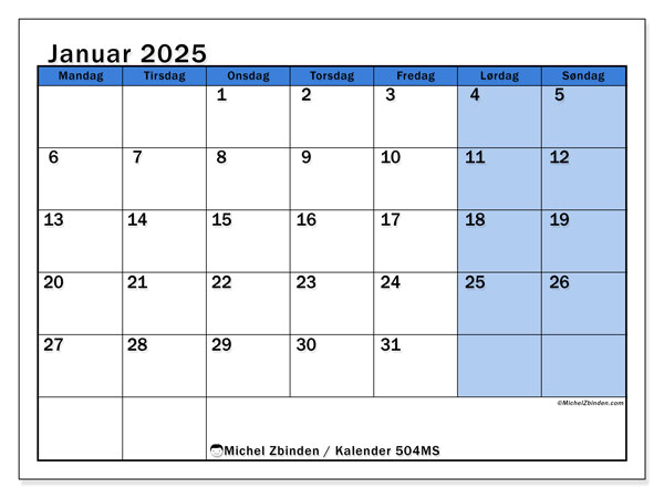 Kalender januar 2025 “504”. Gratis kalender til print.. Mandag til søndag