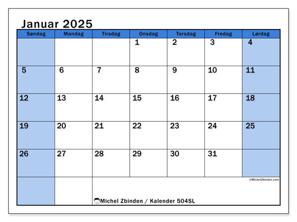 Kalender januar 2025 “504”. Gratis kalender til print.. Søndag til lørdag