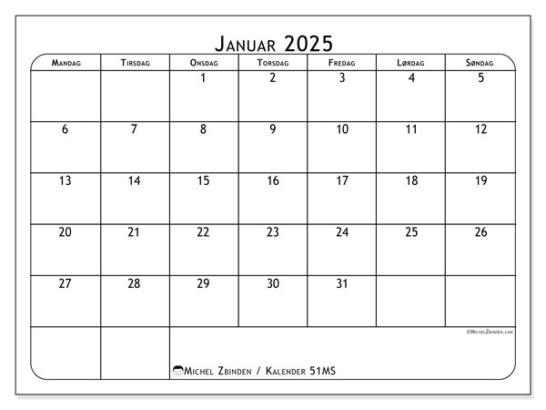 Kalender januar 2025 “51”. Gratis program til print.. Mandag til søndag