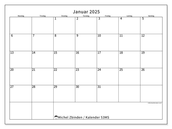 Kalender januar 2025 “53”. Gratis kalender til print.. Mandag til søndag
