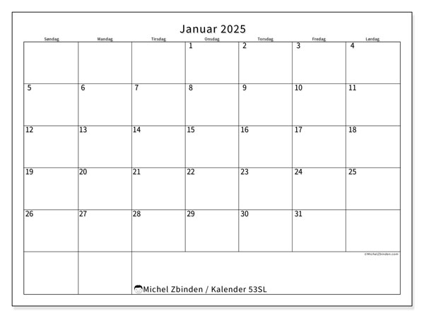 Kalender januar 2025 “53”. Gratis kalender til print.. Søndag til lørdag