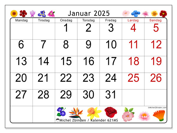 Kalender januar 2025 “621”. Gratis plan til print.. Mandag til søndag