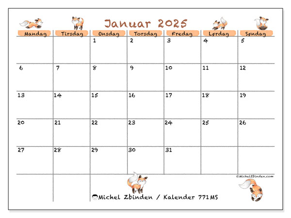 Kalender januar 2025 “771”. Gratis program til print.. Mandag til søndag