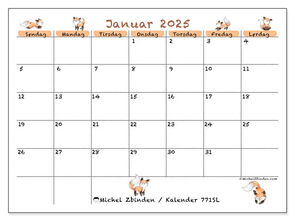 Kalender januar 2025 “771”. Gratis kalender til print.. Søndag til lørdag