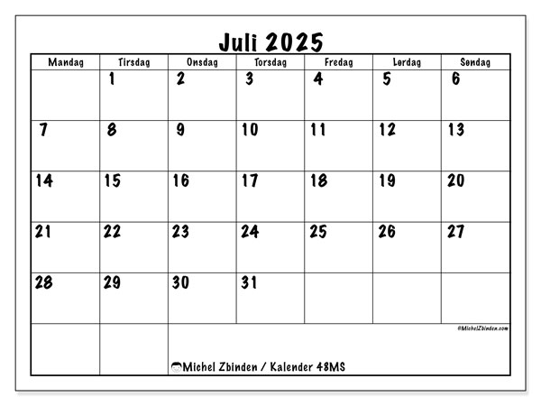 Kalender til udskrivning, juli 2025, 48MS