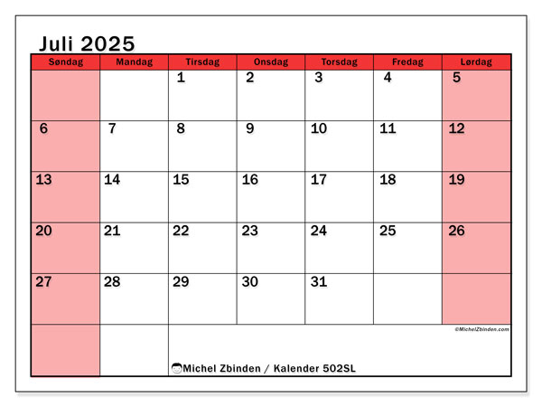 Kalender til udskrivning, juli 2025, 502SL