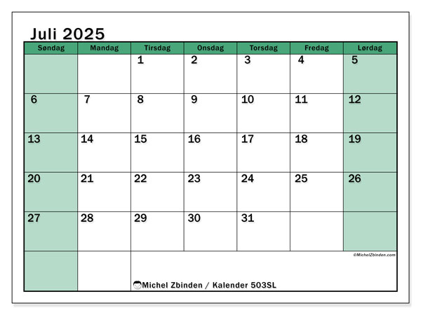 Kalender til udskrivning, juli 2025, 503SL