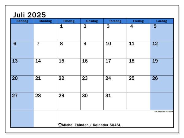 Kalender til udskrivning, juli 2025, 504SL