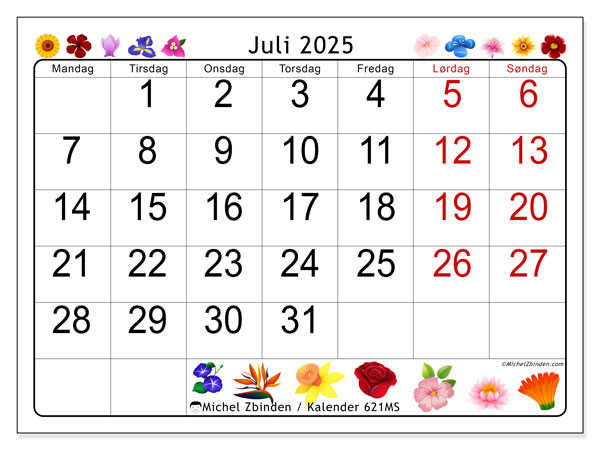 Kalender til udskrivning, juli 2025, 621MS