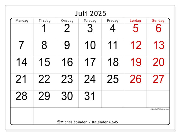 Kalender til udskrivning, juli 2025, 62MS