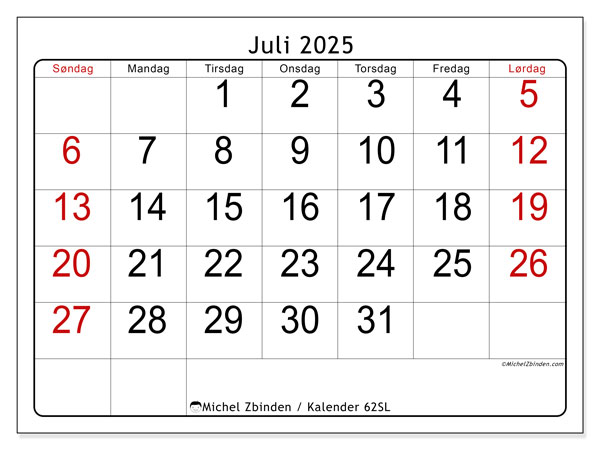 Kalender til udskrivning, juli 2025, 62SL