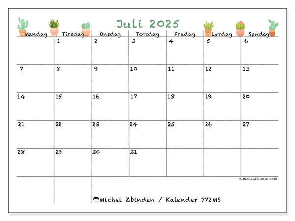 Kalender til udskrivning, juli 2025, 772MS