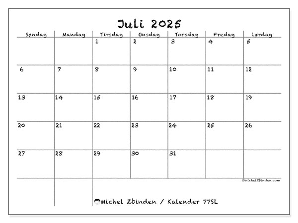 Kalender til udskrivning, juli 2025, 77SL