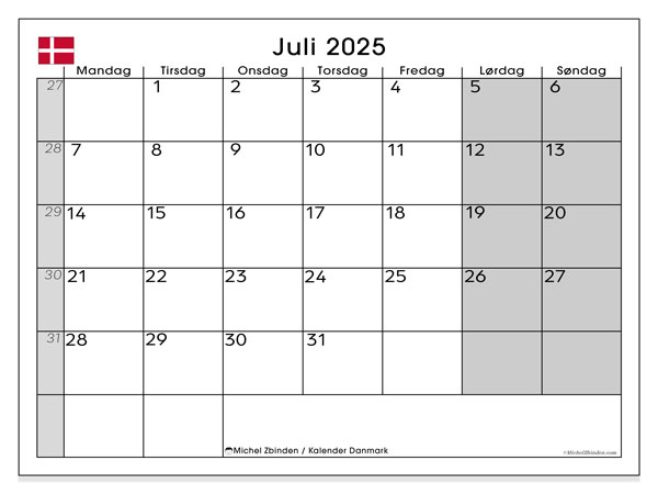 Kalender zum Ausdrucken, Juli 2025, Dänemark