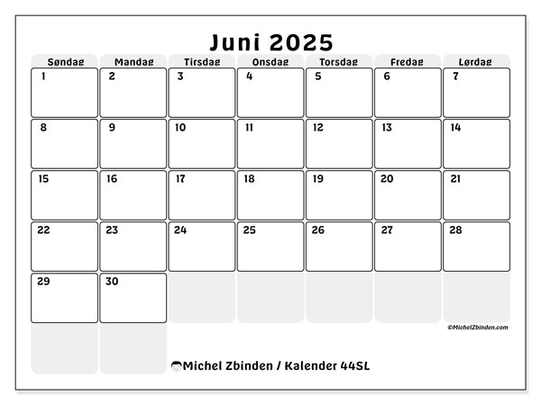 Kalender juni 2025 “44”. Gratis kalender til print.. Søndag til lørdag