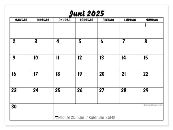 Kalender til udskrivning, juni 2025, 45MS