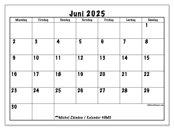 Kalender til udskrivning, juni 2025, 48MS