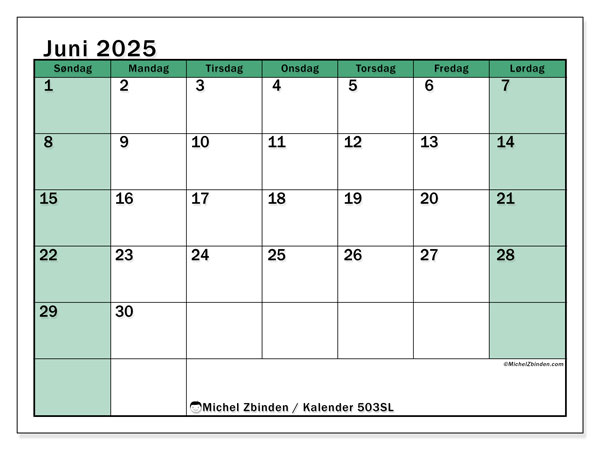 Kalender til udskrivning, juni 2025, 503SL