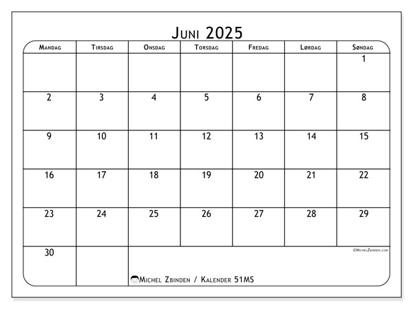 Kalender til udskrivning, juni 2025, 51MS