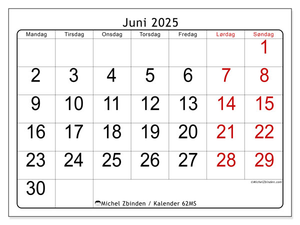Kalender juni 2025, 62MS. Gratis plan til print.