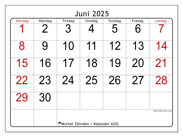 Kalender juni 2025 “62”. Gratis program til print.. Søndag til lørdag