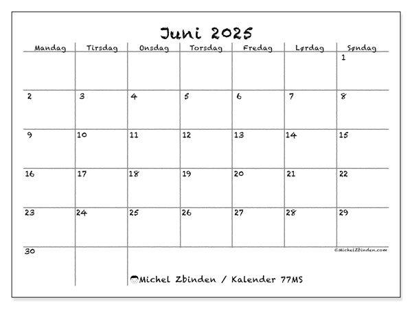Kalender til udskrivning, juni 2025, 77MS