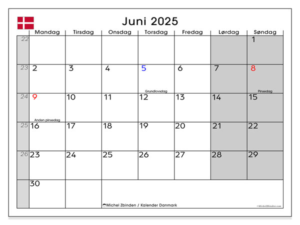Kalender zum Ausdrucken, Juni 2025, Dänemark