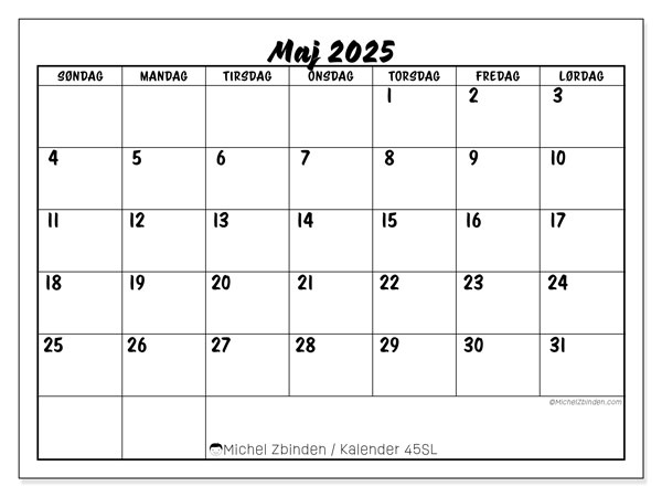 Kalender til udskrivning, maj 2025, 45SL
