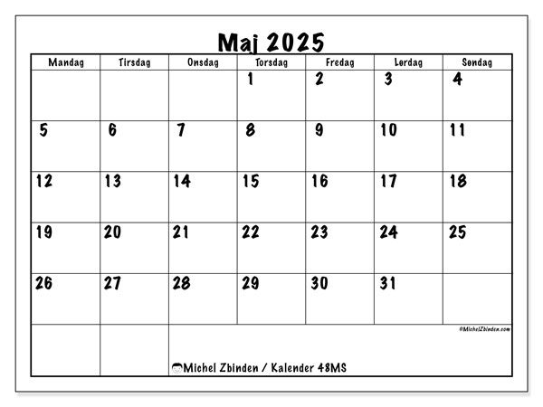 Kalender til udskrivning, maj 2025, 48MS