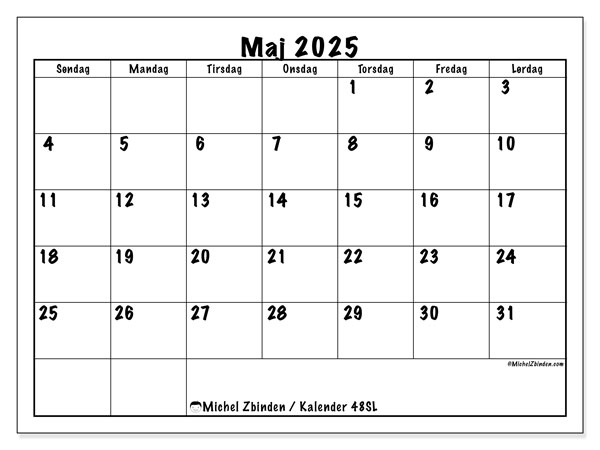 Kalender til udskrivning, maj 2025, 48SL
