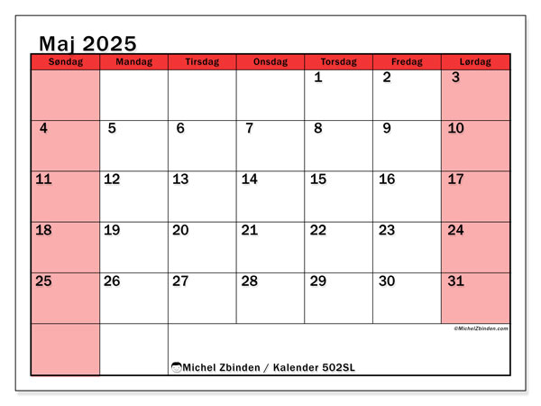 Kalender til udskrivning, maj 2025, 502SL