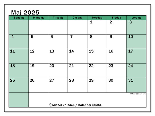 Kalender maj 2025 “503”. Gratis kalender til print.. Søndag til lørdag