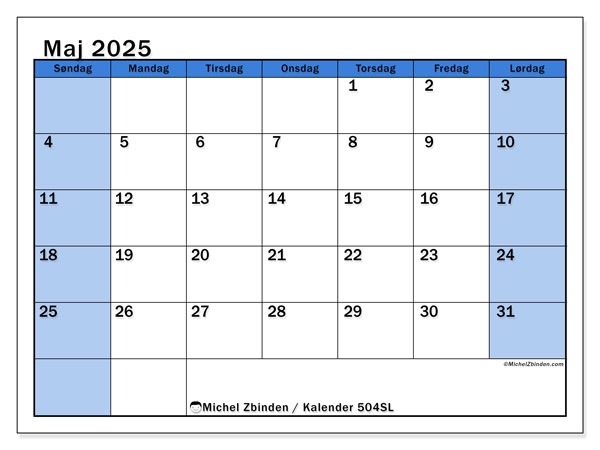 Kalender til udskrivning, maj 2025, 504SL
