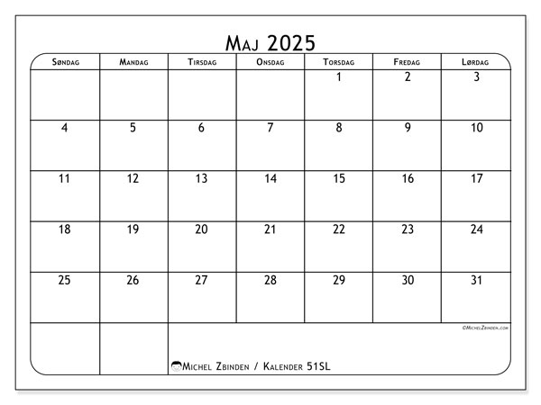 Kalender maj 2025 “51”. Gratis kalender til print.. Søndag til lørdag